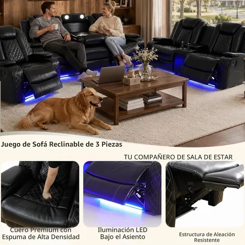 Vista 5 de Sofá reclinable de cuero con carga USB