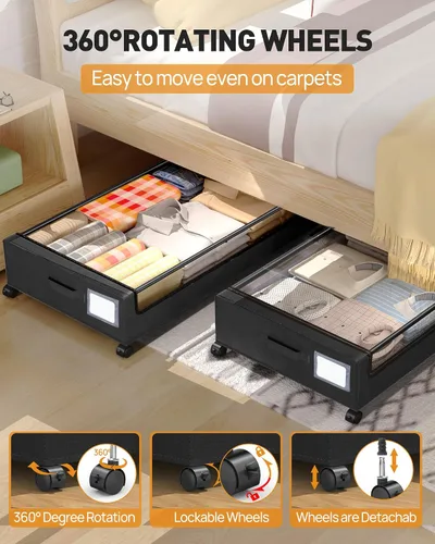 Vista 4 de Almacenamiento debajo de la cama, almacenamiento debajo de la cama con ruedas, almacenamiento debajo de la cama para ropa, mantas, zapatos... Negro