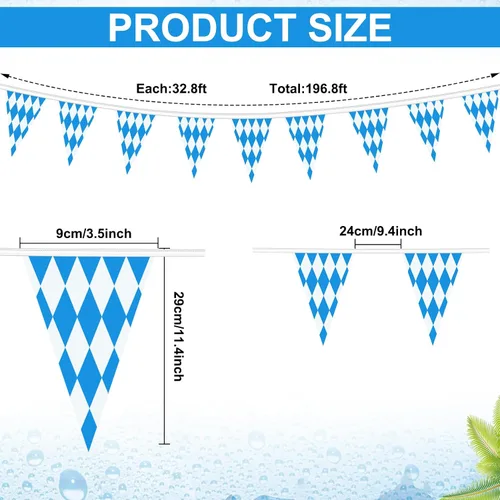 Vista 2 de Banderas de Oktoberfest de 197 pies, paquete de 6 banderines azules y blancos para decoraciones de fiestas temáticas alemanas, decoración