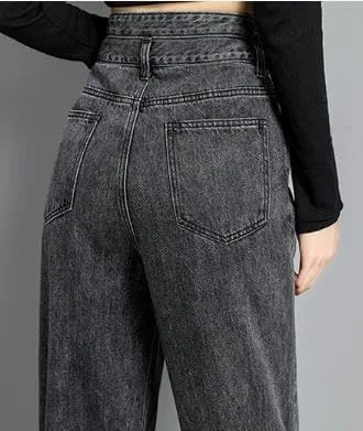 Vista 5 de DGHM-JLMY Pantalones de mezclilla sueltos de cintura alta para mujer, pantalones de mezclilla rectos desgastados, holgados y casuales de cintura alta