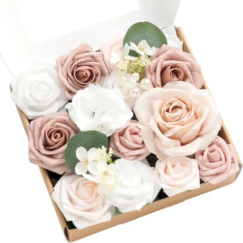 Vista 14 de Ling's moment Caja de flores falsas, tallos de vegetación artificiales artificiales, rosas de espuma, dalia, gardenia, tulipán, flor fábica de seda