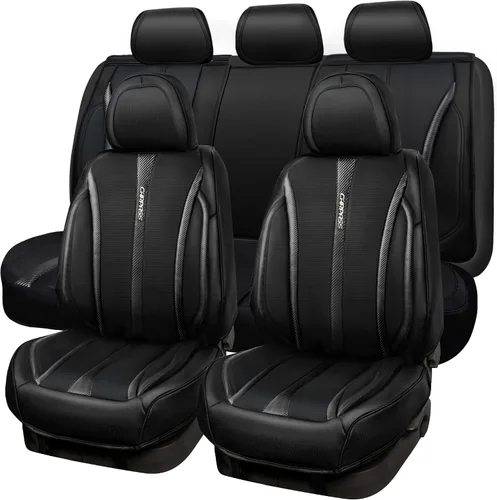 Vista 10 de CAR PASS Fundas de cuero beige para asiento de automóvil, juego completo de fundas de asiento automotriz transpirables e impermeables, cojín