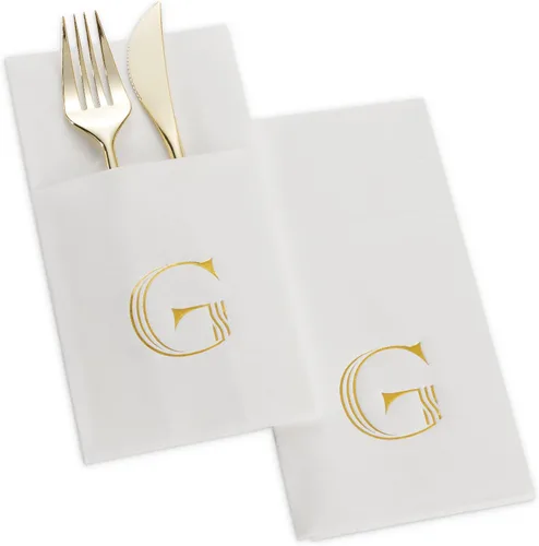 Vista 8 de Paquete de 50 servilletas con monograma con bolsillo para cubiertos, servilletas desechables de 16 x 16 pulgadas con letra M de papel de aluminio