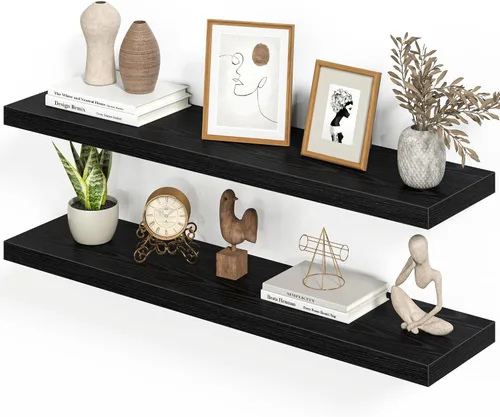Vista 32 de Heimlove Juego de 2 estantes flotantes de 16 pulgadas para pared, estante negro para baño pequeño, dormitorio, sala de estar, cocina, decoración