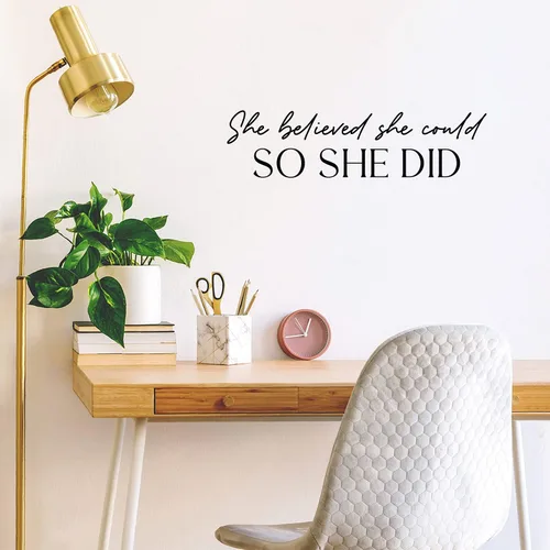 Vista 2 de Calcomanía de vinilo para pared, diseño con texto en inglés «She Believed She Could So She Did», 6.5 x 25 pulgadas, calcomanía inspiradora de moda