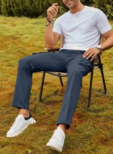 Vista 4 de JMIERR Pantalones cargo para hombre, casuales, de algodón, ajuste relajado, cintura elástica, ligeros, con múltiples bolsillos