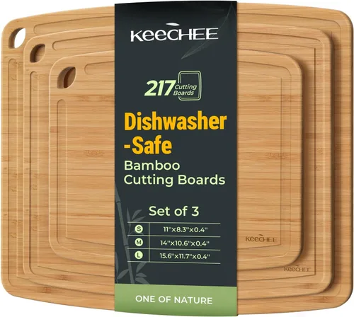 Vista 13 de Keechee Tablas de cortar de bambú aptas para lavavajillas, tabla de cortar de madera duradera y ligera para cocina ocupada, fácil almacenamiento