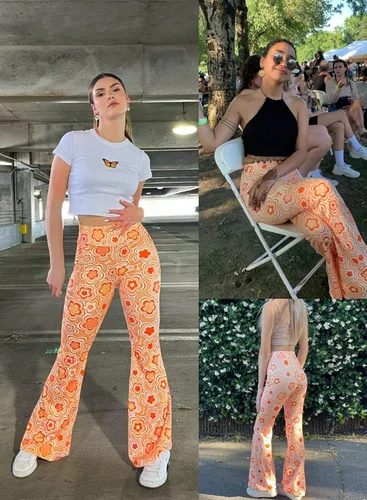 Vista 3 de Pantalones acampanados de los años 70 para mujer, traje de festival rave, cintura alta, parte inferior acampanada, pierna ancha, cómodos pantalones