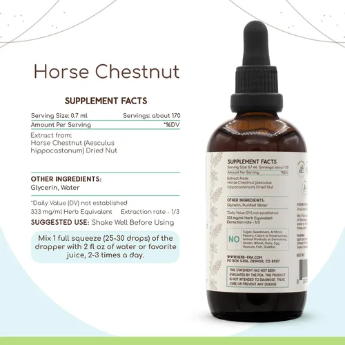 Vista 3 de HerbEra Castaño de Indias B120 Tintura de extracto de hierbas sin alcohol, castaño de indias superconcentrado (Aesculus hippocastanum) (4 fl oz)