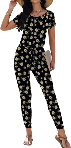 Vista 4 de DouBCQ Mono de manga corta, con cintura elástica y bolsillos, informal, para mujer