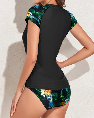 Vista 2 de Holipick Traje de baño de dos piezas de manga corta de manga corta Rash Guard Cap traje de baño con cremallera traje de baño Bulid in Bra Swim Shirt