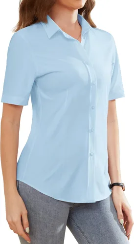 Vista 14 de Camisas de vestir para mujer, sin arrugas, con botones, de manga corta, camisas de trabajo con cuello