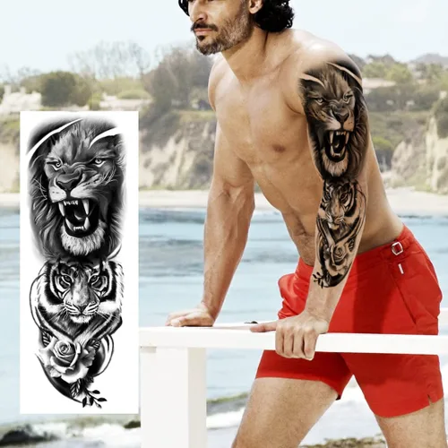 Vista 2 de Manga de Tatuajes Temporales de Animales, 8 Hojas de Tatuajes Temporales Grandes, Manga Completa de Tatuajes Temporales para Mujeres, Tatuajes