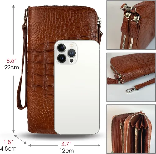 Vista 2 de Cartera de mano de cocodrilo genuino para mujer, gran capacidad, cuero de cocodrilo, monedero de viaje para mujer, tarjetero de bloqueo RFID