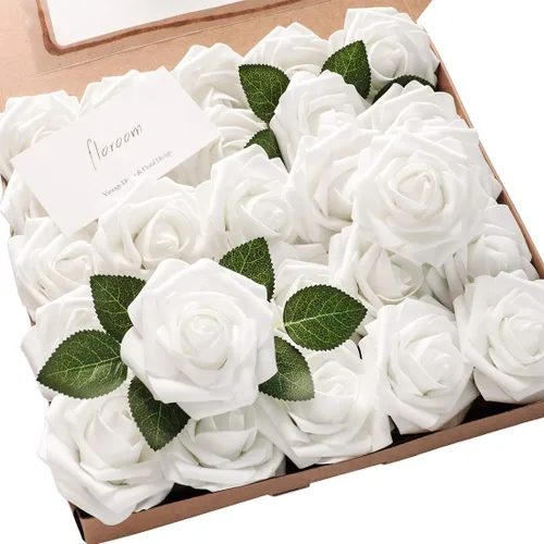 Vista 65 de Floroom Flores artificiales, 25 piezas de rosas falsas de espuma dorada antigua de aspecto real con tallos para ramos de boda DIY, centros de mesa