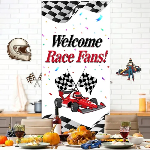 Vista 6 de Decoración temática de bienvenida para fanáticos de carreras de coches de carreras de cumpleaños para cabina de fotos, telón de fondo, trofeo