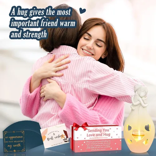 Vista 2 de Regalos de cumpleaños para hermanas, estatua de abrazo blanco, portavelas de abrazo con 50 tarjetas de afirmación diarias, regalo motivacional