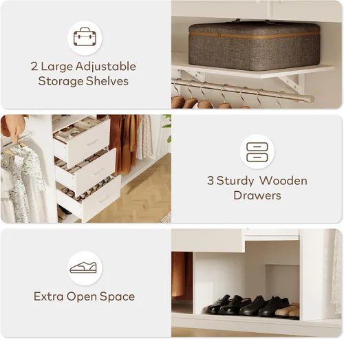 Vista 3 de LINLUX Sistema de armario de 8 pies, organizador de armario de 94 pulgadas con 3 cajones, 4 varillas extensibles para colgar, armarios de madera