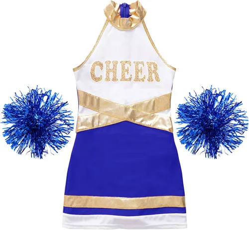 Vista 3 de Vestido de baile brillante con cuello halter para niñas, disfraz de animadora de Halloween, disfraz de uniforme de animadora, espectáculo de cosplay