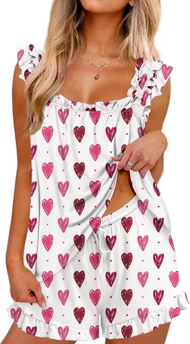 Vista 11 de Ekouaer Conjunto de pijama para mujer, conjunto de 2 piezas con volantes, camiseta sin mangas suave y pantalones cortos, conjunto de pijama de novia