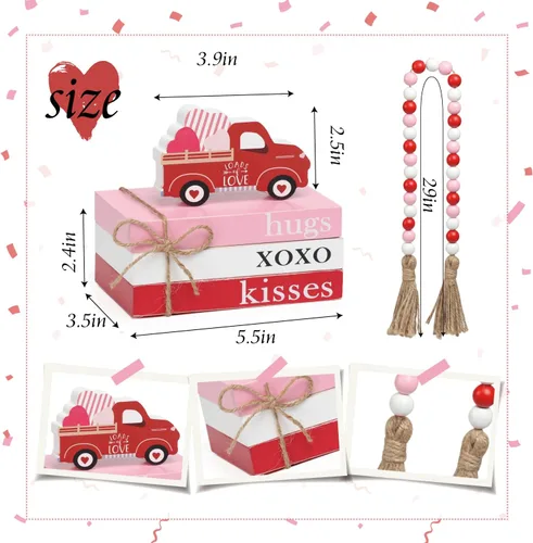 Vista 2 de Decoración de bandeja escalonada de San Valentín, mini pila de libros de madera con guirnalda de cuentas para decoración de San Valentín, Hug XOXO