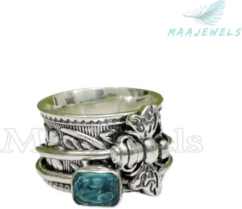 Vista 2 de Blue Topaz Spinner Band Ring, Solid 925 Sterling Silver Fidget Jewelry, Honey Bee Design, Boho Statement Piece, December Birthstone Gift for Wife