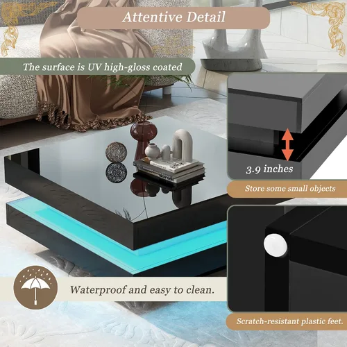 Vista 6 de Mesa auxiliar LED moderna de alto brillo con luces LED de 16 colores, mesa de centro cuadrada de 2 niveles, mesa central para sala de estar (negro)