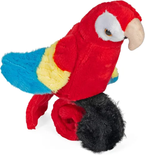 Vista 2 de Wild Republic Perching loro, guacamayo escarlata, pulsera a presión, registros y repeticiones, 9 pulgadas, regalo para niños, juguete de peluche