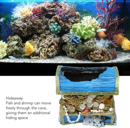 Vista 2 de Tnfeeon Adorno de cofre del tesoro del acuario - Escondite de decoración de peces de resina