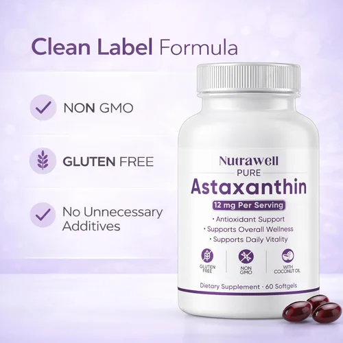 Vista 6 de NutraWell Astaxantina 12 mg, con aceite de coco, suplemento de apoyo antioxidante, sin OMG, sin gluten, 60 cápsulas blandas