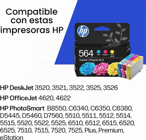 Vista 2 de Cartuchos de tinta HP 564 cian, magenta y amarillo (paquete de 3) Funciona con DeskJet 3500; OfficeJet 4620; PhotoSmart B8550, C6300, D5400
