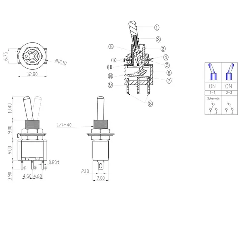 Vista 7 de Interruptor de palanca AC 5A/125V 2A/250V 3 pines On/On 2 Posiciones SPDT Mini Interruptor de palanca miniatura Tablero de salpicadero de coche