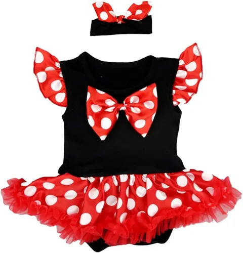 Vista 2 de IMEKIS Traje de ratón para bebé y niña, mameluco de girasol y melocotón + pantalones cortos con volantes + diadema para sesión de fotos de pastel