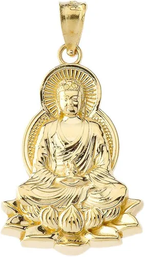Vista 2 de Collar con colgante de Buda de oro amarillo de 14 quilates con una flor de loto