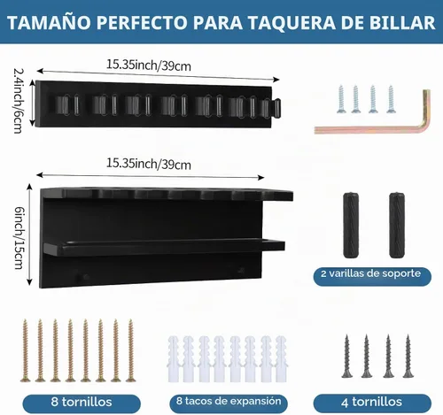 Vista 4 de Soporte de pared para palo de billar, soporte de madera maciza para 7 palos, soporte de pared con garra para decoración de billar, accesorios, negro