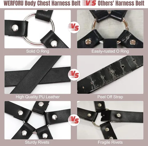 Vista 5 de WERFORU Cinturón punk ajustable de piel sintética negra para mujer, para Halloween, Negro