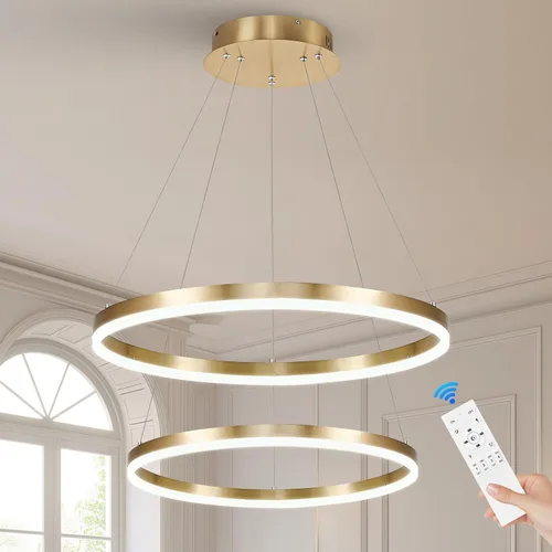 Vista 13 de Benkut Lámpara colgante LED moderna D24 pulgadas, color negro dorado, lámpara LED circular regulable, 1 anillo con control remoto, luz colgante