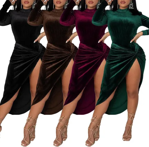 Vista 3 de Conjunto sexy de 2 piezas de terciopelo para mujer, conjunto de vestido midi con abertura fruncida, ropa de discoteca