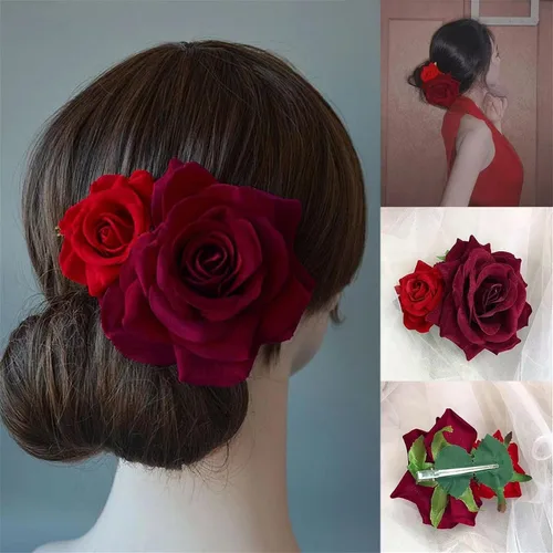 Vista 7 de Peines de pelo de flores, flor de rosa, bohemia, horquilla, disfraz de novia, decoración de pelo para fiesta, boda, rojo (1 unidad)