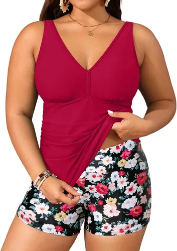 Vista 16 de Yonique Trajes de baño de talla grande para mujer con shorts, control de abdomen, tankini de dos piezas, traje de baño deportivo Aqua y flor azul