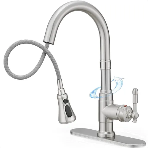 Vista 8 de Grifos de cocina con rociador desplegable de níquel cepillado de 3 modos, grifo de fregadero de cocina con resorte de una sola manija de 3 agujeros