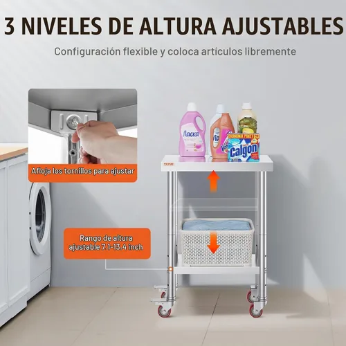 Vista 5 de Vevor Mesa de trabajo de acero inoxidable con ruedas de 24 x 12 x 32 pulgadas, mesa de preparación con 4 ruedas, mesa de trabajo resistente