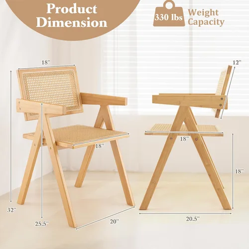 Vista 3 de Giantex Juego de 2 sillas de comedor de caña bohemia, carga máxima de 330 libras, sillas de comedor de madera, sillón de bambú para sala de estar