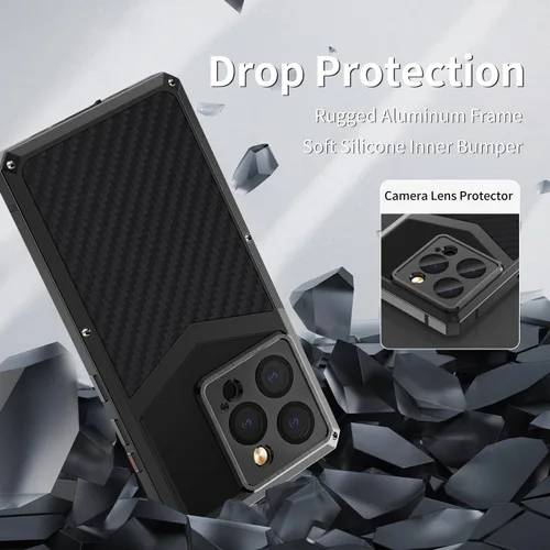 Vista 3 de Funda de fibra de carbono de lujo con funda de aluminio para iPhone 13 Pro de 6.1 pulgadas, funda protectora militar a prueba de golpes
