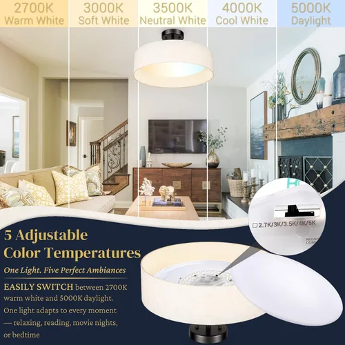 Vista 13 de Hamilyeah Lámpara de techo semiempotrada con pantalla de tela blanca, lámparas LED de 12 pulgadas para montaje en techo, lámpara de techo LED