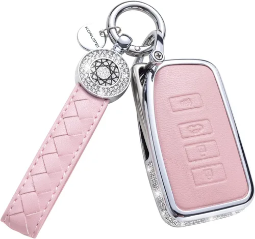 Vista 35 de Funda para llave inteligente con llavero, de piel auténtica color rosa, con cristales, carcasa protectora