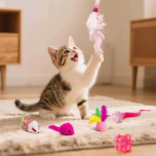 Vista 3 de MALLMALL6 Juego de juguetes interactivos para gatos, paquete de 27 piezas, paquete de 27 piezas, plumas rosadas, varita, resortes, ratones, sisal