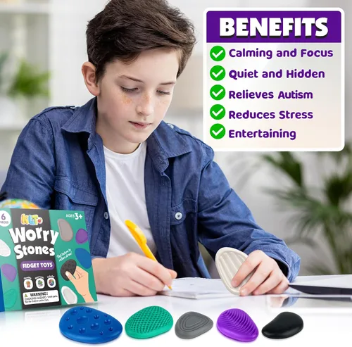 Vista 4 de Juguetes Fidget para Adultos de Piedra Sensorial: Paquete de 6 Piedras de Preocupación Texturizadas para Niños Autistas para Calmarse - Juguetes