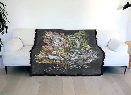 Vista 6 de Manta de Harry Potter, 50 x 60 pulgadas, diseño de líneas florales con crestas, tejido de mezcla de algodón, manta con flecos