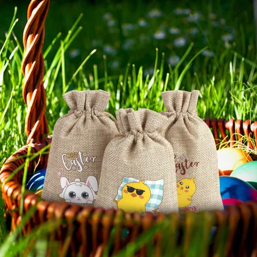 Vista 7 de LOKIPA 24 bolsas de arpillera de Pascua, bolsas de arpillera de yute de Pascua, bolsas pequeñas con cordones para recuerdos de fiesta de Pascua